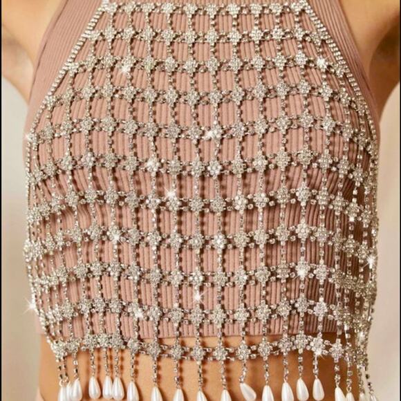 NWT Rhinestone Pearl Beaded sparkle Top vest silver - Picture 2 of 6